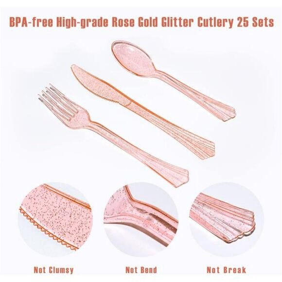 Pink Rose Gold Party Supplies Set for 25 Guests Plates Cups Napkins Cutlery - Picture 3 of 7